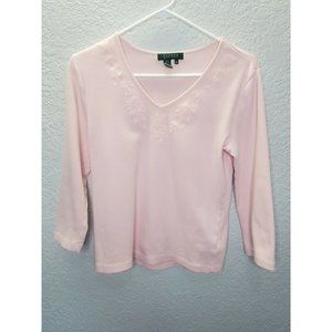 Lauren Ralph Lauren Size Med Embroidered Pink V Neck Long Sleeve Floral Top